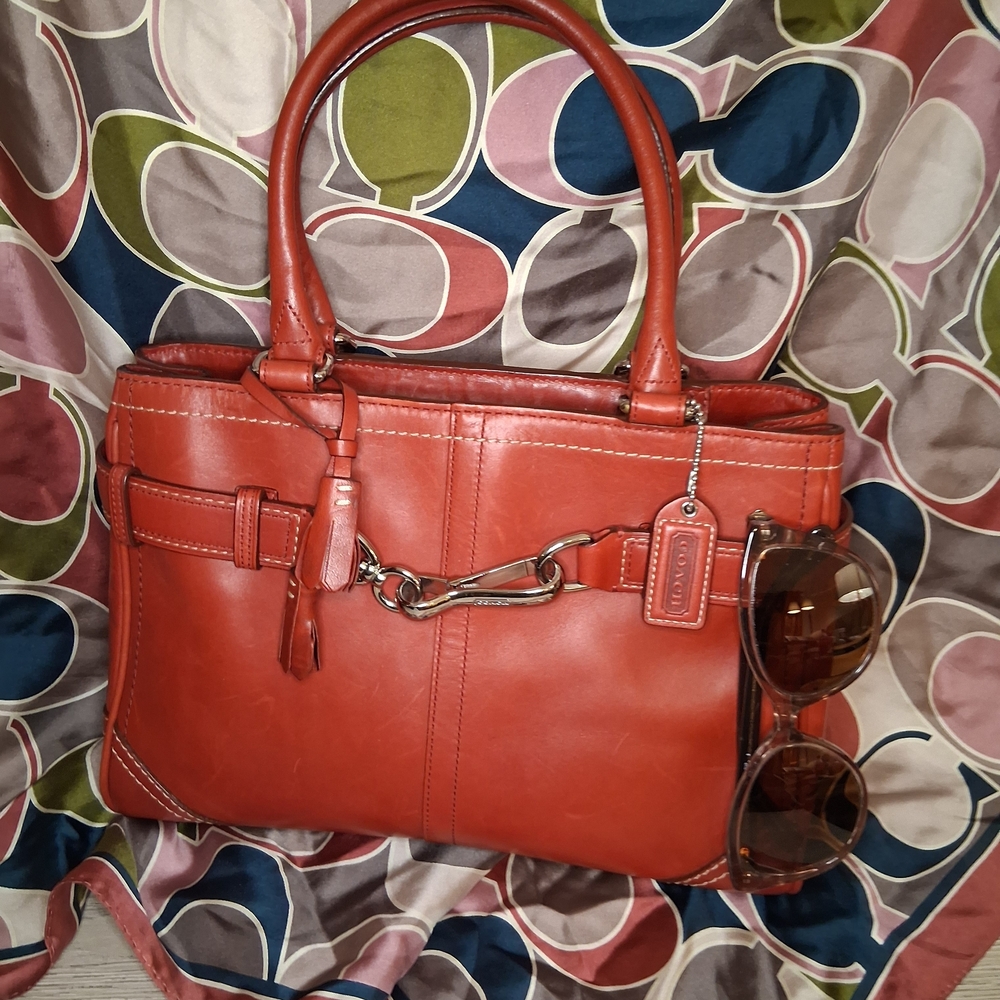 Coach Cranberry Red Leather Satchel With Contrast Stitching and Silver Hardware